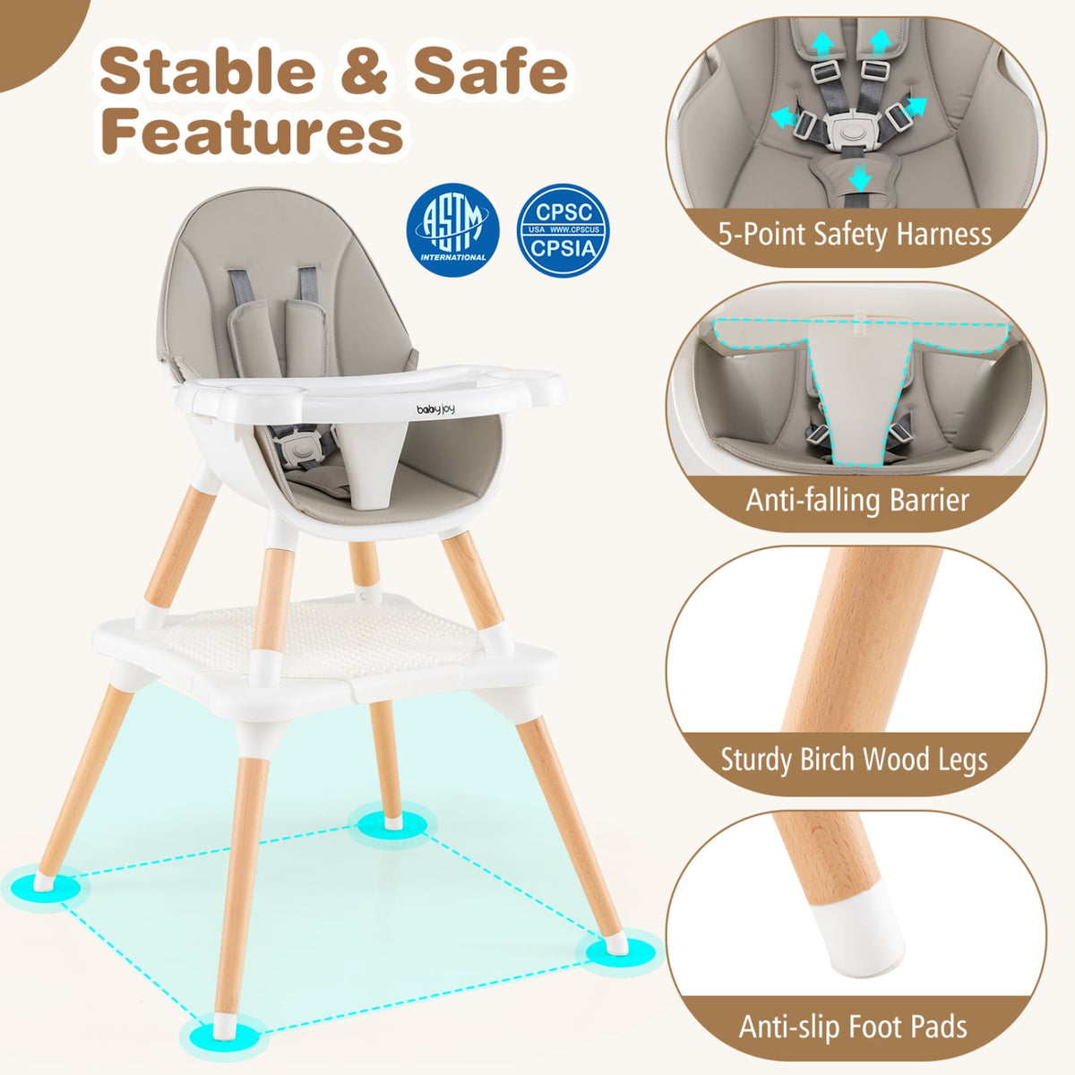 5-in-1 Baby Wooden Convertible High Chair -Gray-High Chairs-DECOROLALA