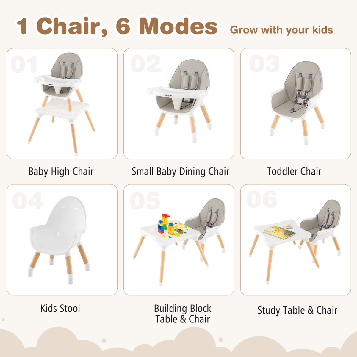 5-in-1 Baby Wooden Convertible High Chair -Gray-High Chairs-DECOROLALA
