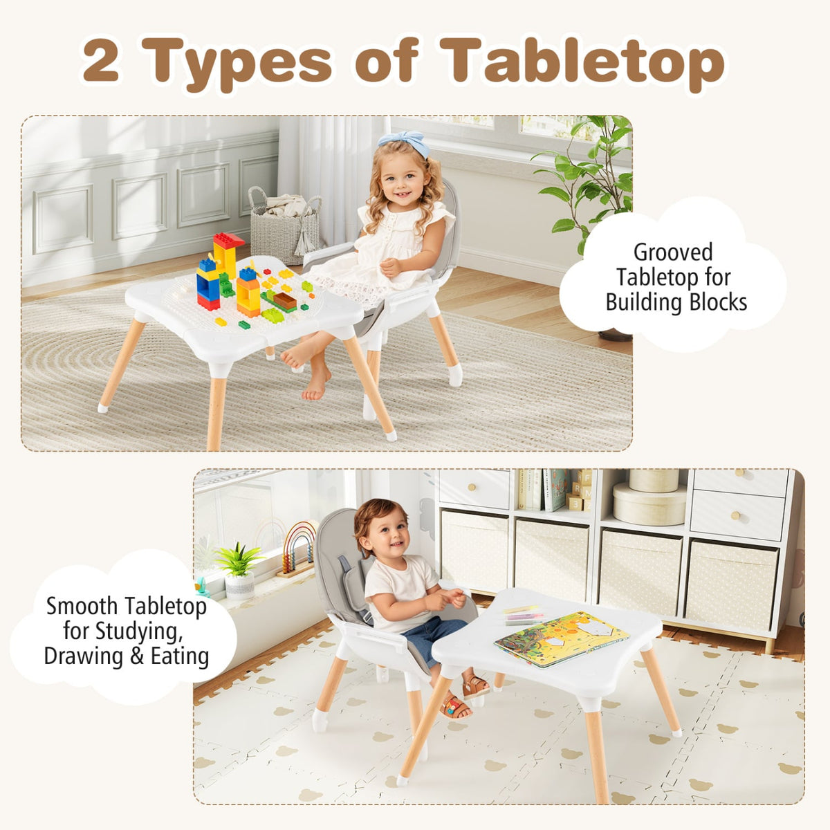 5-in-1 Baby Wooden Convertible High Chair -Gray-High Chairs-DECOROLALA