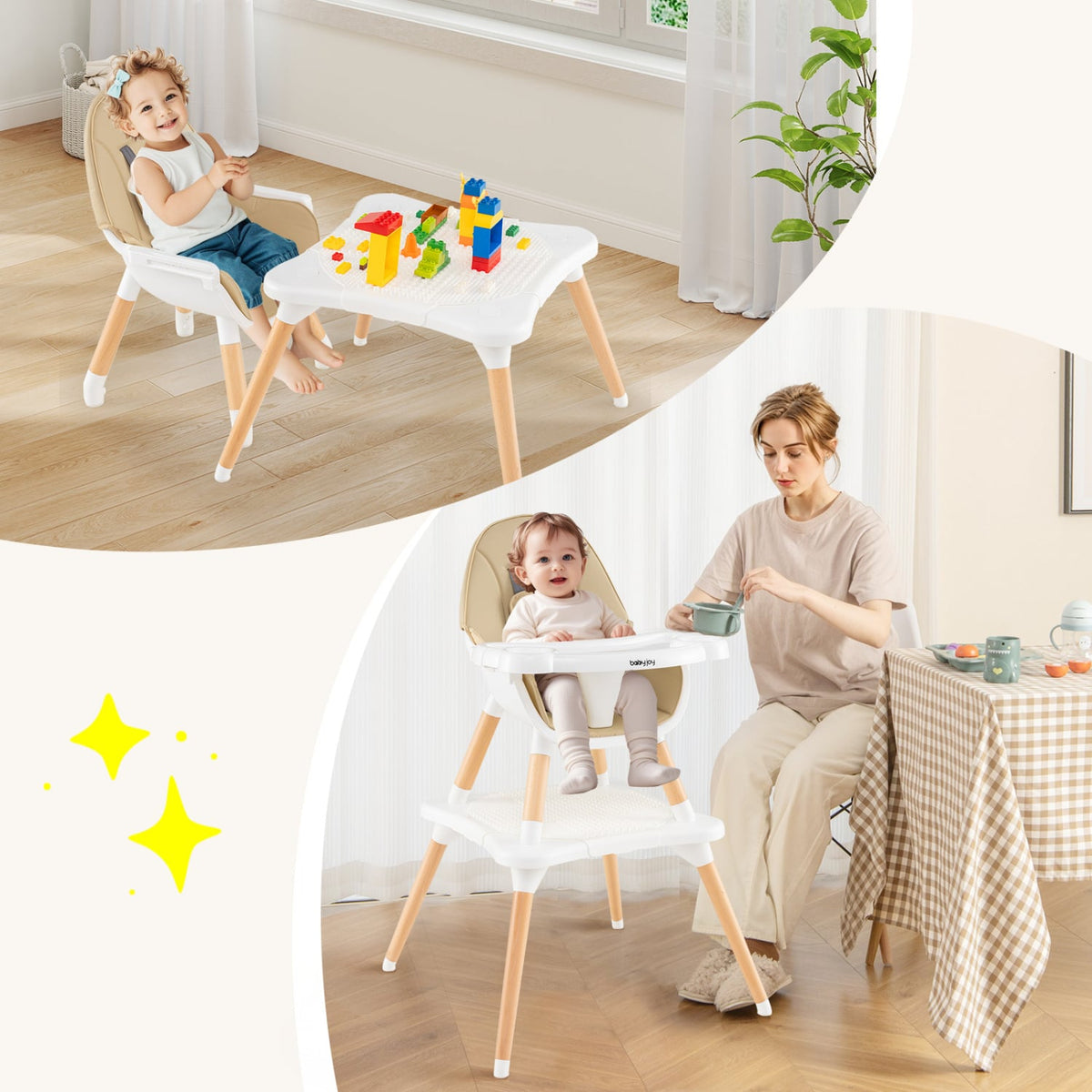 5-in-1 Baby Wooden Convertible High Chair-Khaki-High Chairs-DECOROLALA