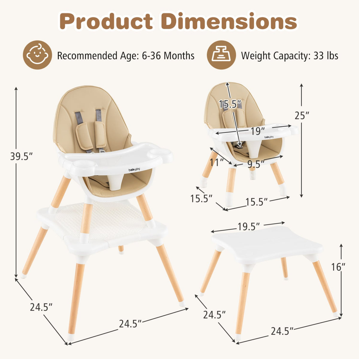 5-in-1 Baby Wooden Convertible High Chair-Khaki-High Chairs-DECOROLALA