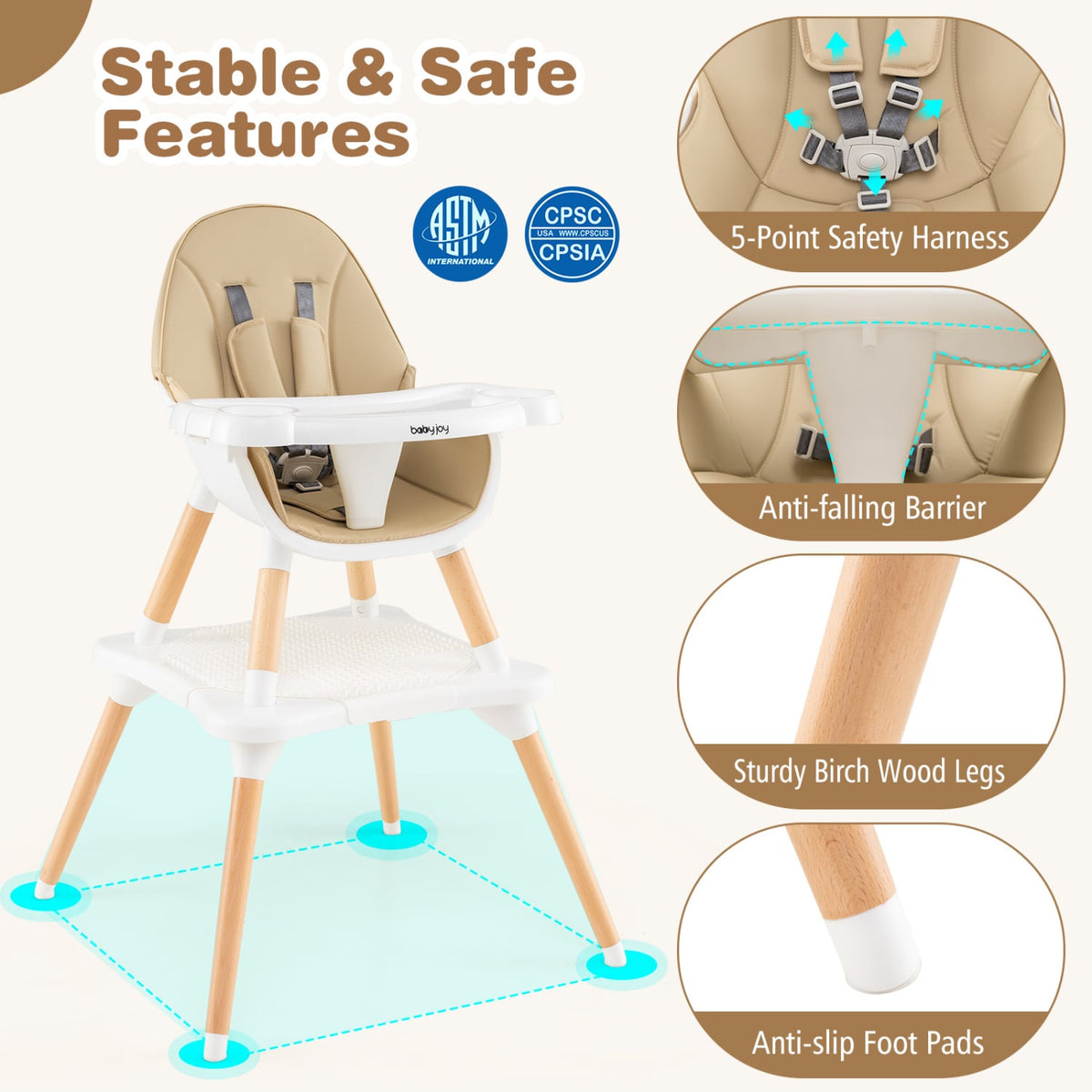 5-in-1 Baby Wooden Convertible High Chair-Khaki-High Chairs-DECOROLALA