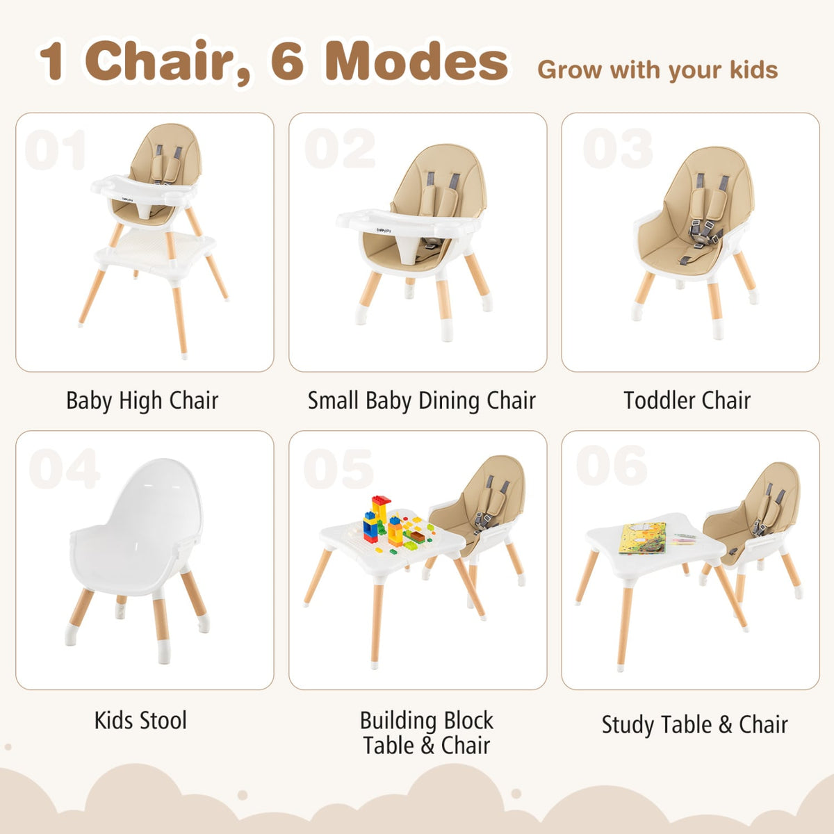 5-in-1 Baby Wooden Convertible High Chair-Khaki-High Chairs-DECOROLALA