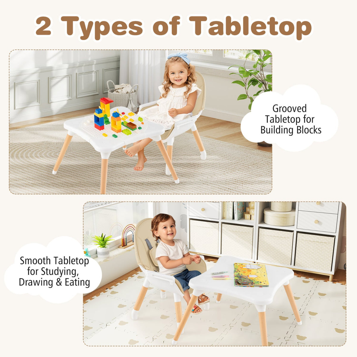 5-in-1 Baby Wooden Convertible High Chair-Khaki-High Chairs-DECOROLALA
