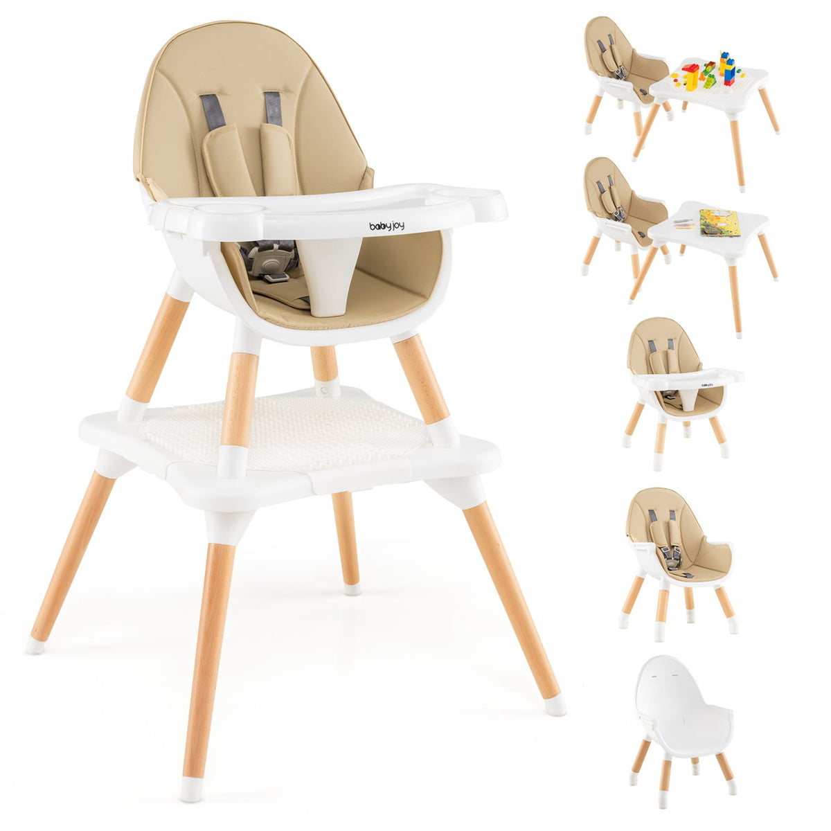 5-in-1 Baby Wooden Convertible High Chair-Khaki-High Chairs-DECOROLALA