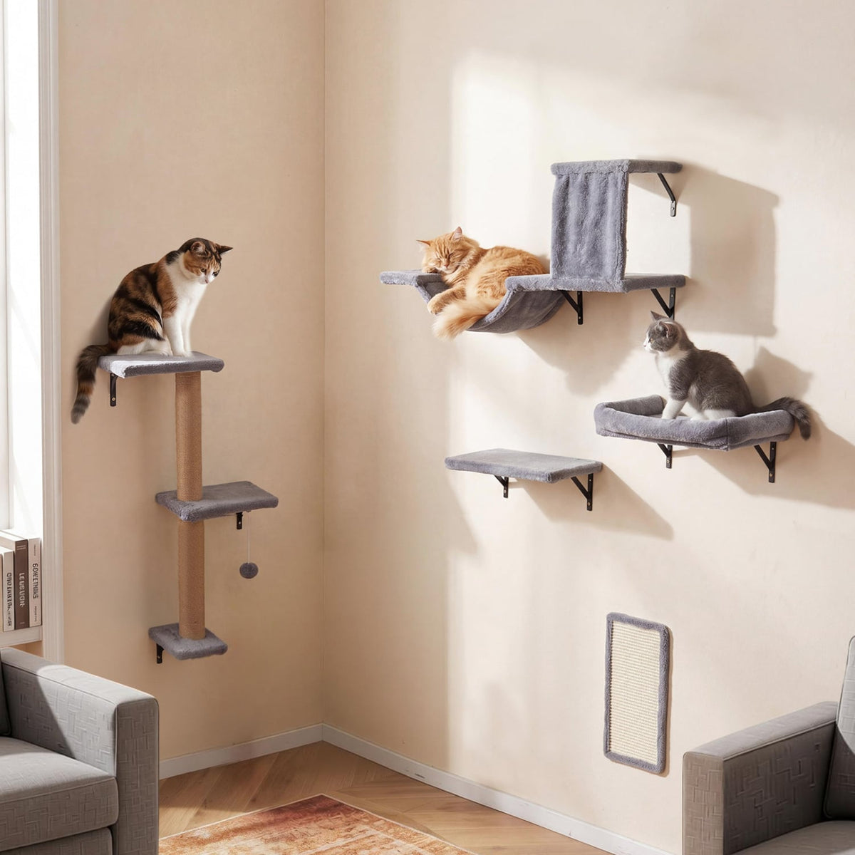 5-in-1 Cat Wall Shelves with Condo Bridge Perch Platform Scratching Post and Board for Indoor-Gray-Cat Trees & Scratchers-DECOROLALA