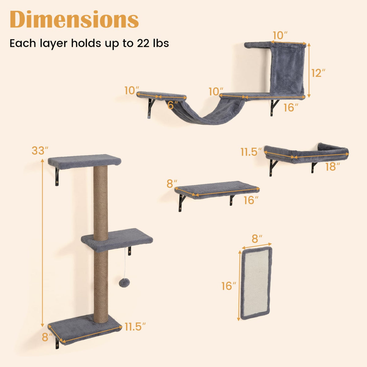 5-in-1 Cat Wall Shelves with Condo Bridge Perch Platform Scratching Post and Board for Indoor-Gray-Cat Trees & Scratchers-DECOROLALA