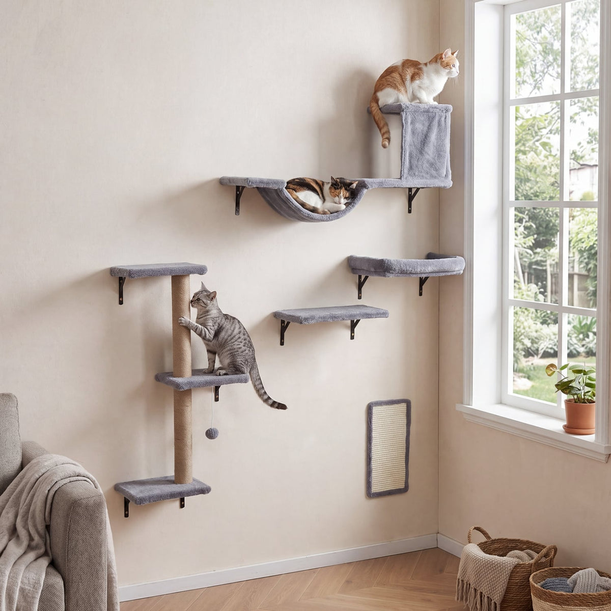 5-in-1 Cat Wall Shelves with Condo Bridge Perch Platform Scratching Post and Board for Indoor-Gray-Cat Trees & Scratchers-DECOROLALA