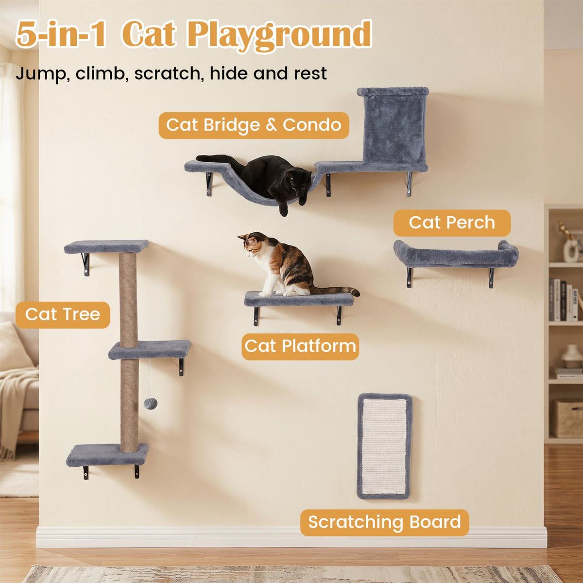 5-in-1 Cat Wall Shelves with Condo Bridge Perch Platform Scratching Post and Board for Indoor-Gray-Cat Trees & Scratchers-DECOROLALA