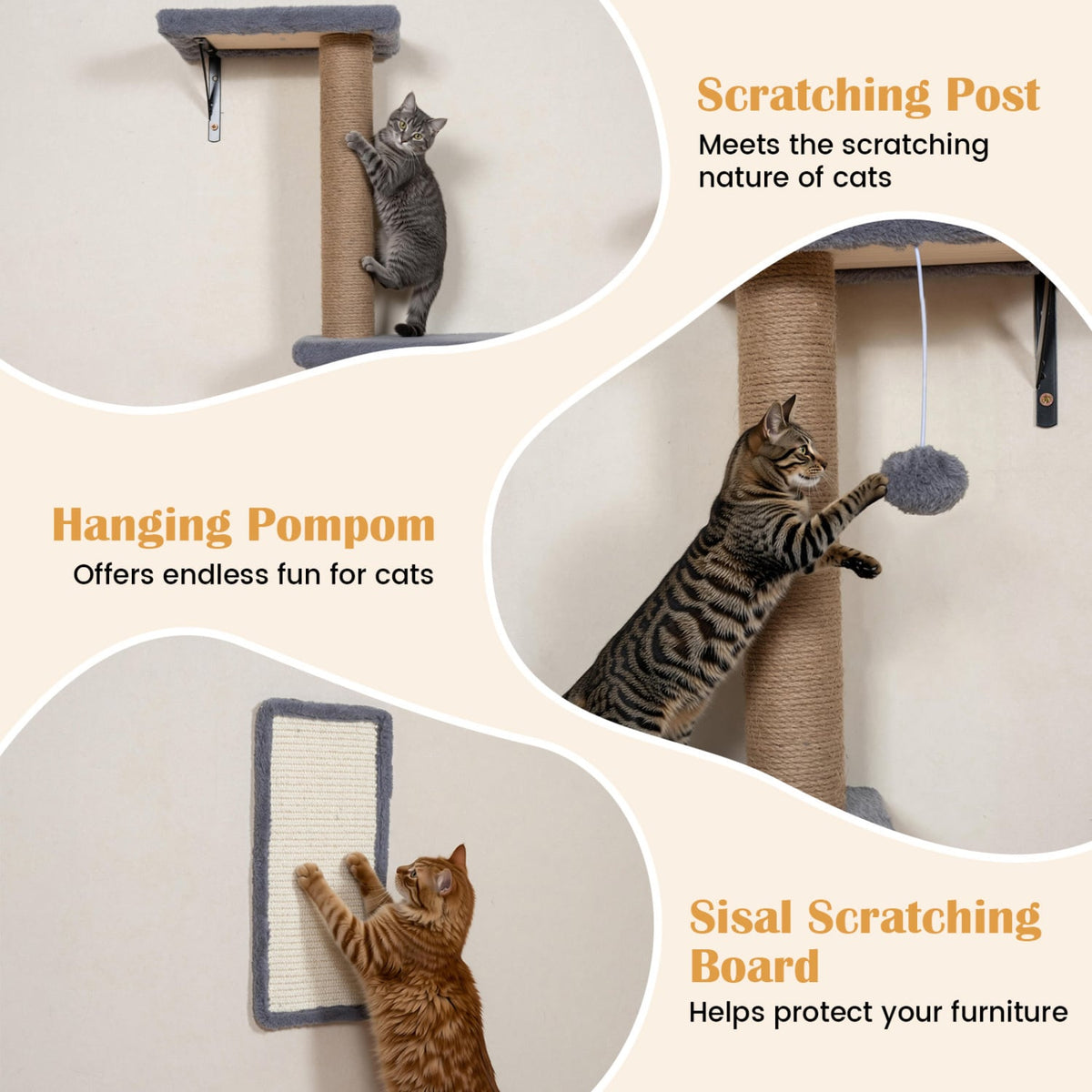 5-in-1 Cat Wall Shelves with Condo Bridge Perch Platform Scratching Post and Board for Indoor-Gray-Cat Trees & Scratchers-DECOROLALA