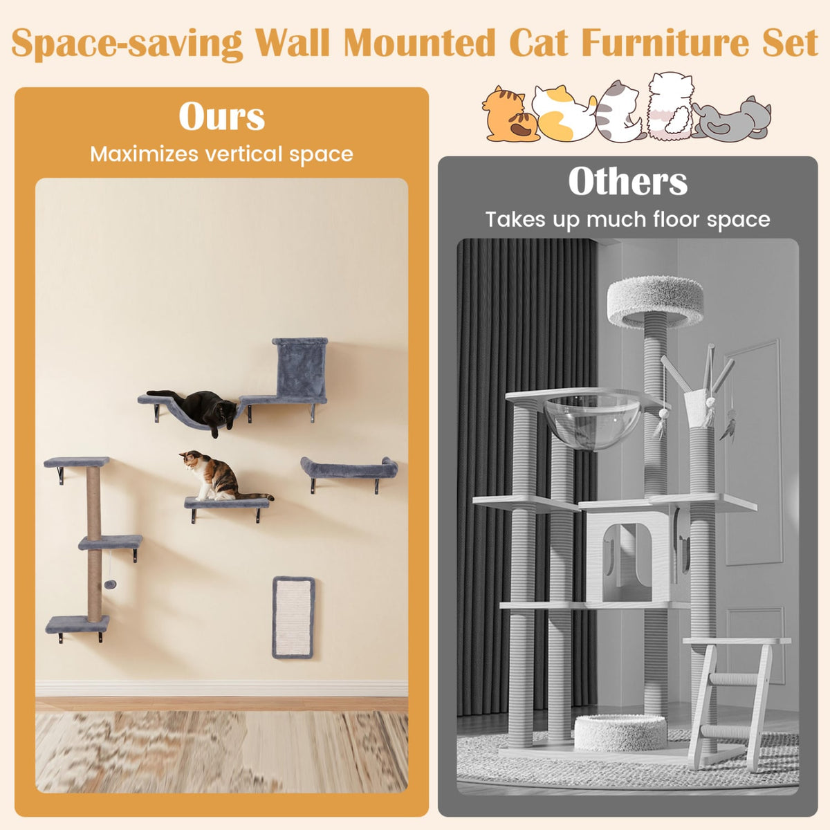 5-in-1 Cat Wall Shelves with Condo Bridge Perch Platform Scratching Post and Board for Indoor-Gray-Cat Trees & Scratchers-DECOROLALA