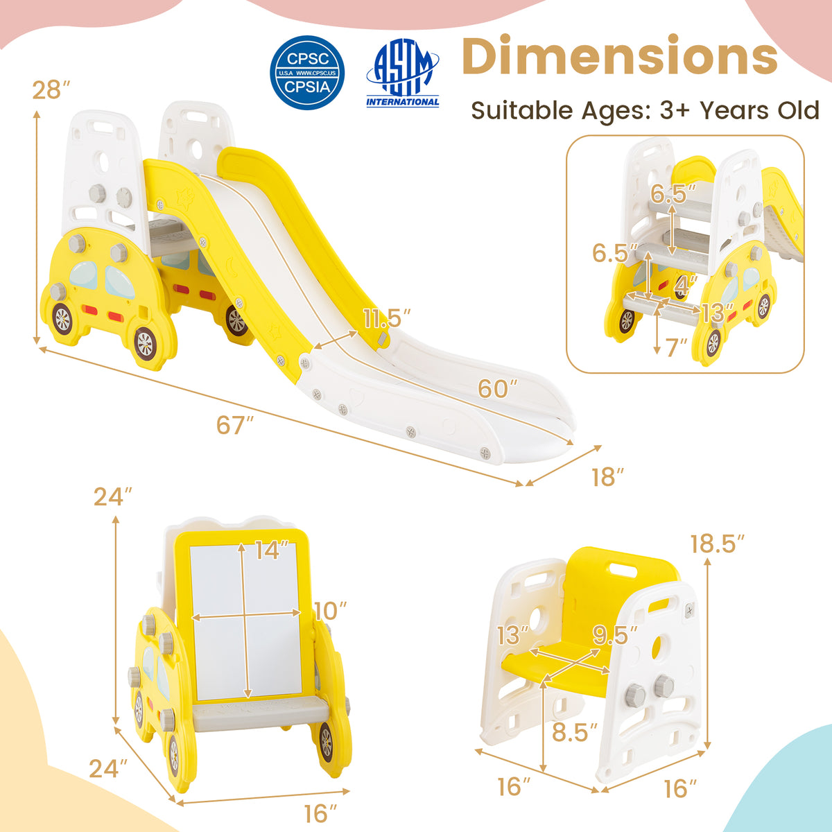 Ensemble de jeu 5-en-1 pour tout-petits avec toboggan et structure d’escalade, chevalet artistique et tabouret