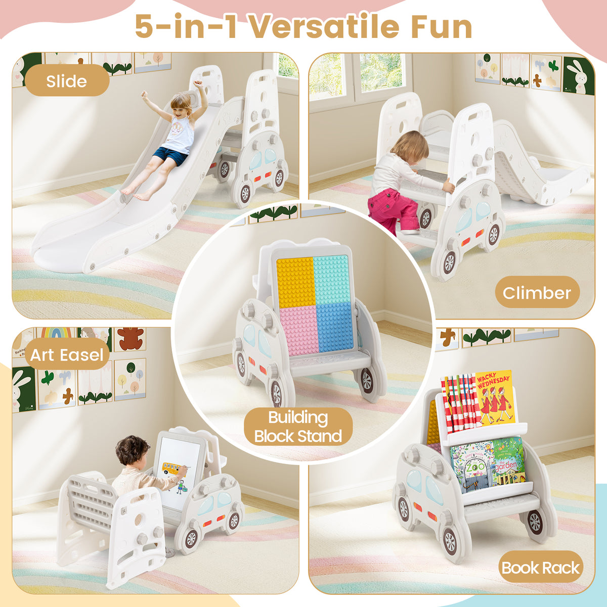 Ensemble de jeu 5-en-1 pour tout-petits avec toboggan et structure d’escalade, chevalet artistique et tabouret