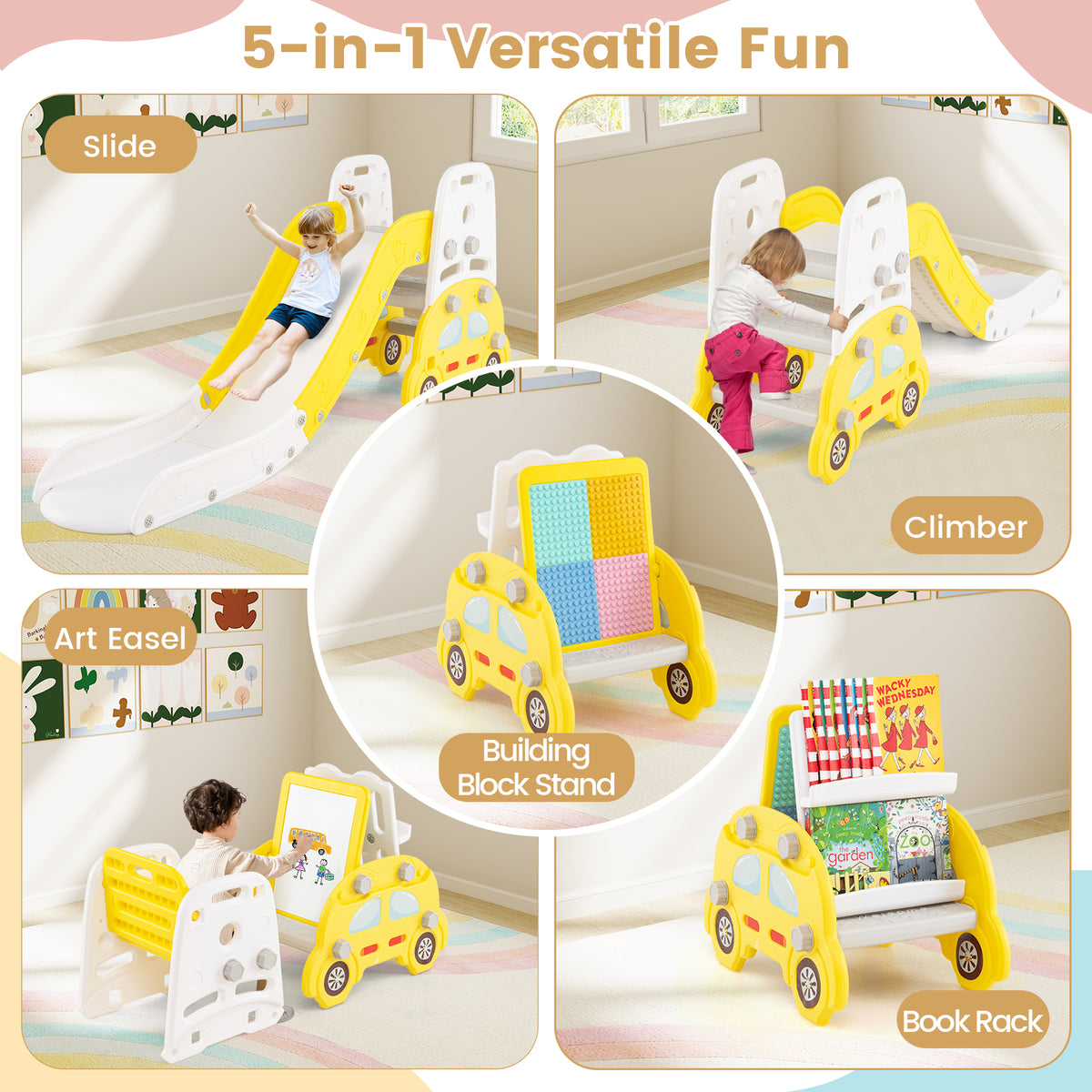 Ensemble de jeu 5-en-1 pour tout-petits avec toboggan et structure d’escalade, chevalet artistique et tabouret