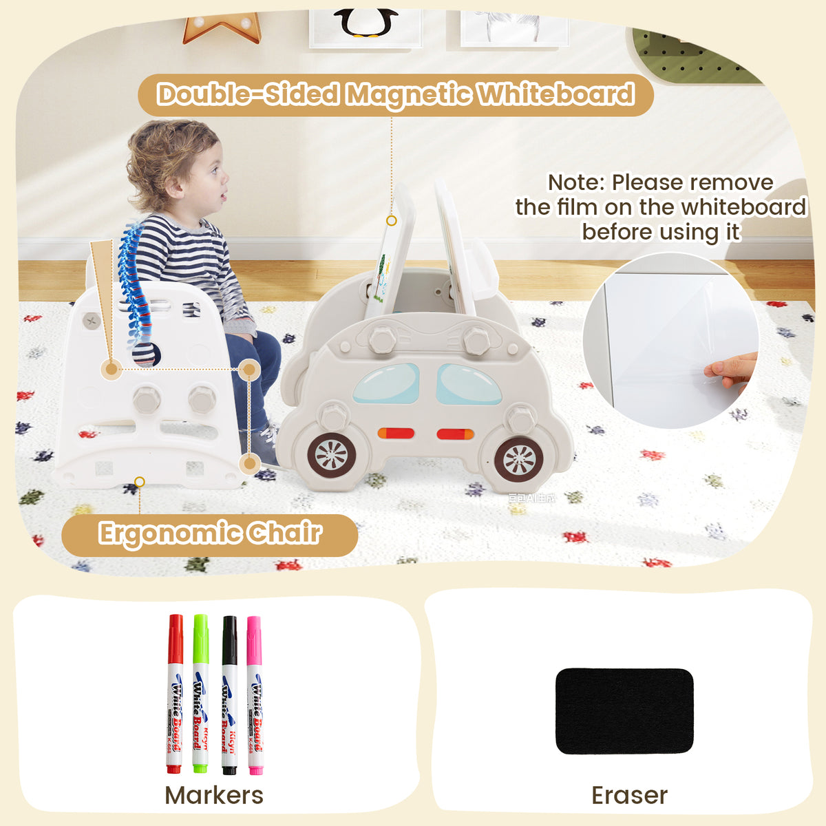 Ensemble de jeu 5-en-1 pour tout-petits avec toboggan et structure d’escalade, chevalet artistique et tabouret