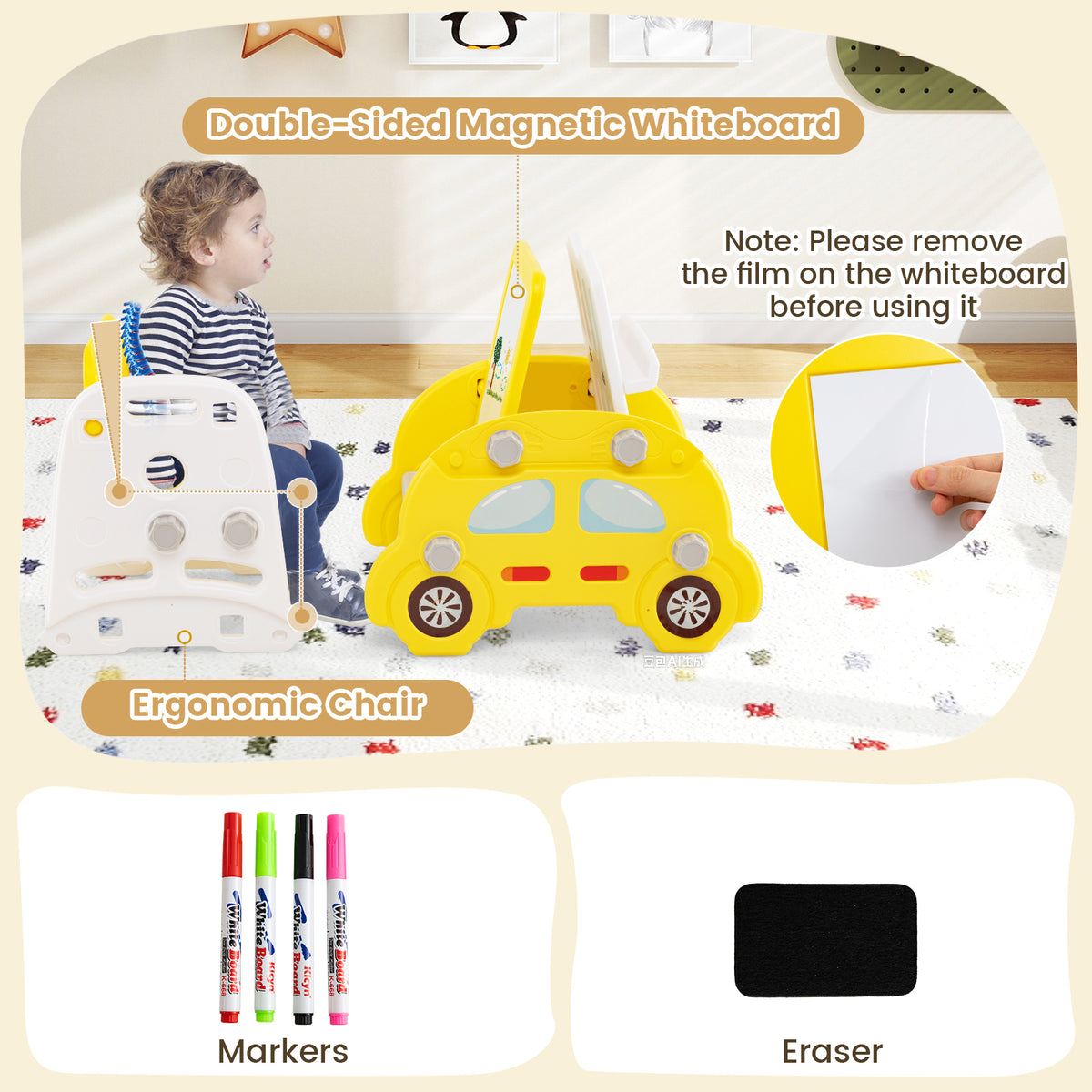 Ensemble de jeu 5-en-1 pour tout-petits avec toboggan et structure d’escalade, chevalet artistique et tabouret