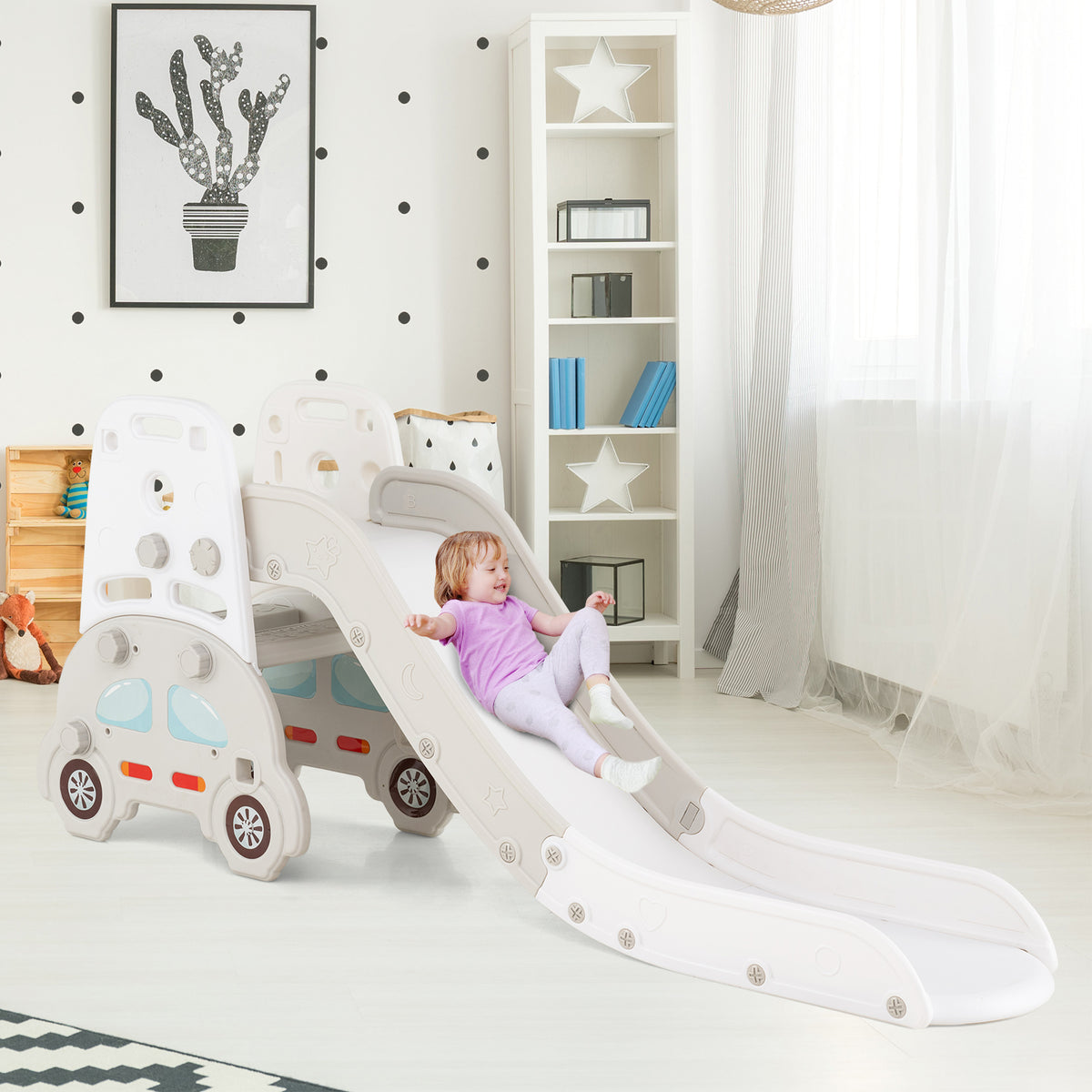 Ensemble de jeu 5-en-1 pour tout-petits avec toboggan et structure d’escalade, chevalet artistique et tabouret