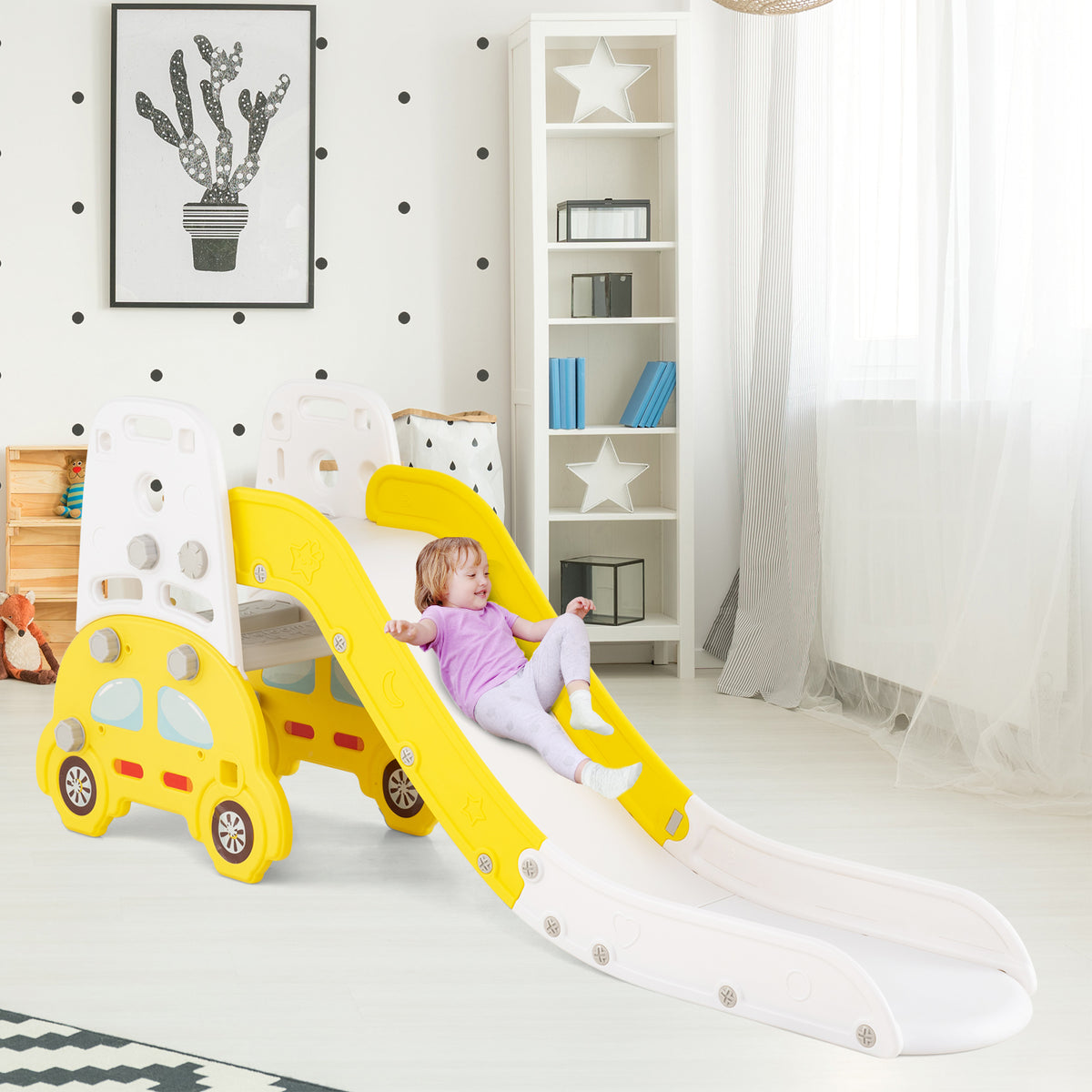 Ensemble de jeu 5-en-1 pour tout-petits avec toboggan et structure d’escalade, chevalet artistique et tabouret