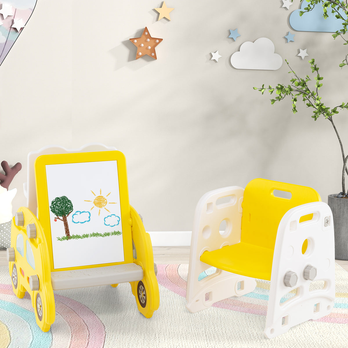 Ensemble de jeu 5-en-1 pour tout-petits avec toboggan et structure d’escalade, chevalet artistique et tabouret