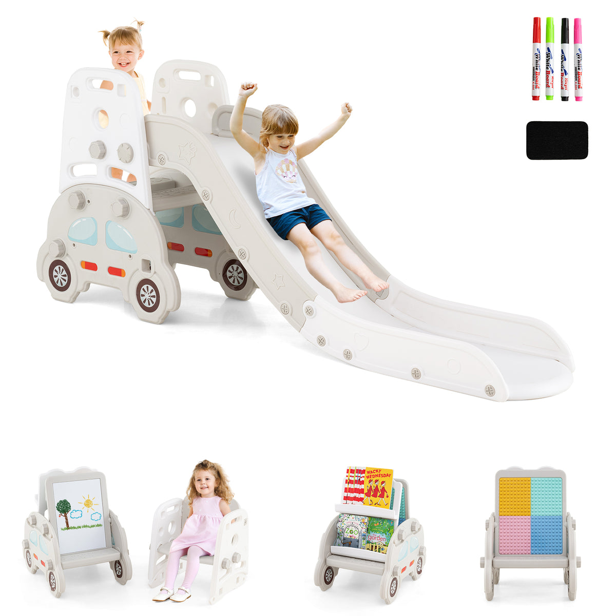 Ensemble de jeu 5-en-1 pour tout-petits avec toboggan et structure d’escalade, chevalet artistique et tabouret