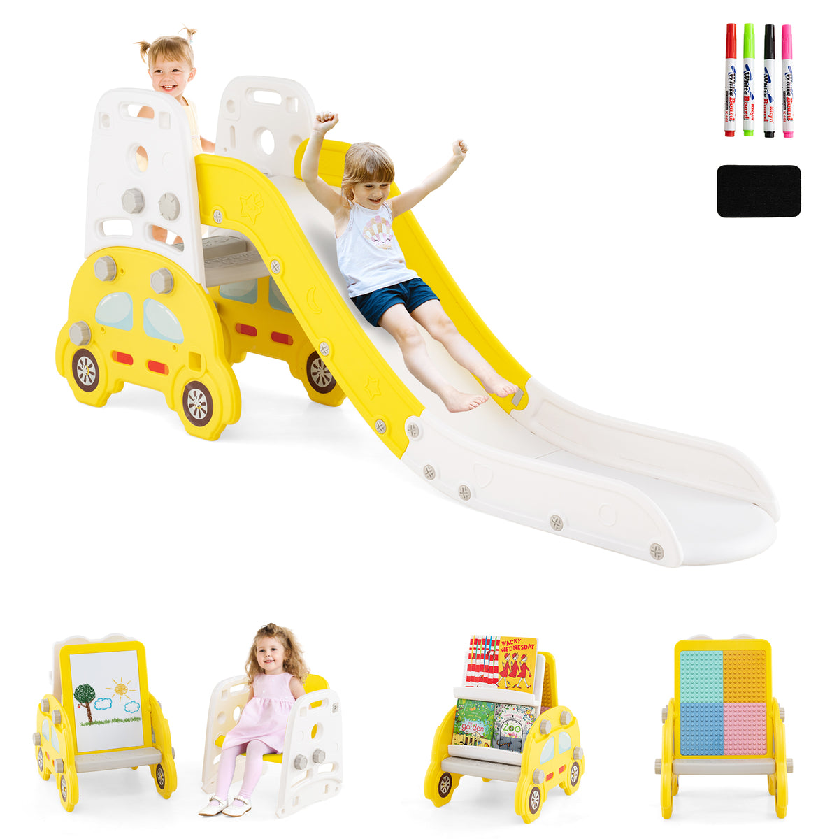 Ensemble de jeu 5-en-1 pour tout-petits avec toboggan et structure d’escalade, chevalet artistique et tabouret