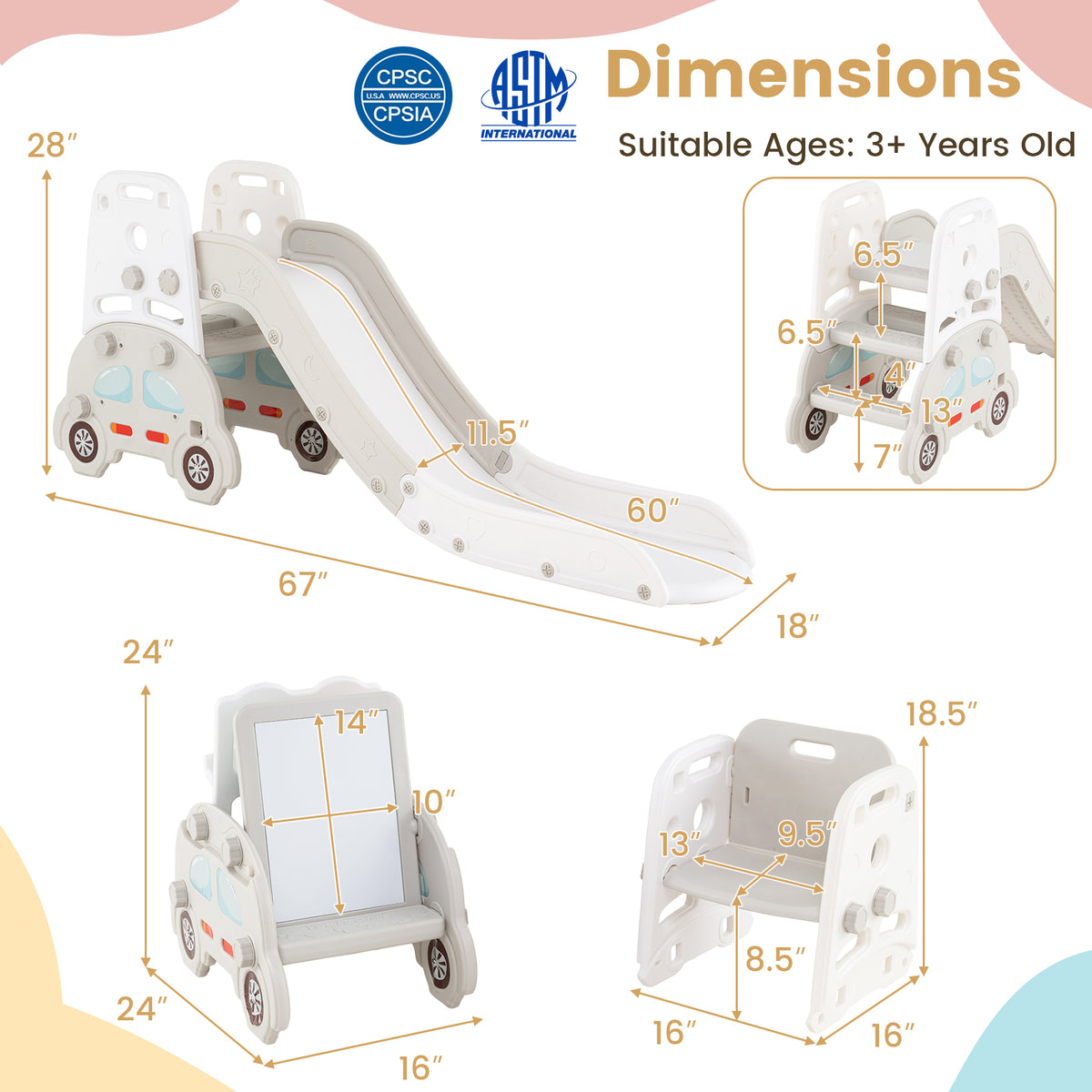 Ensemble de jeu 5-en-1 pour tout-petits avec toboggan et structure d’escalade, chevalet artistique et tabouret