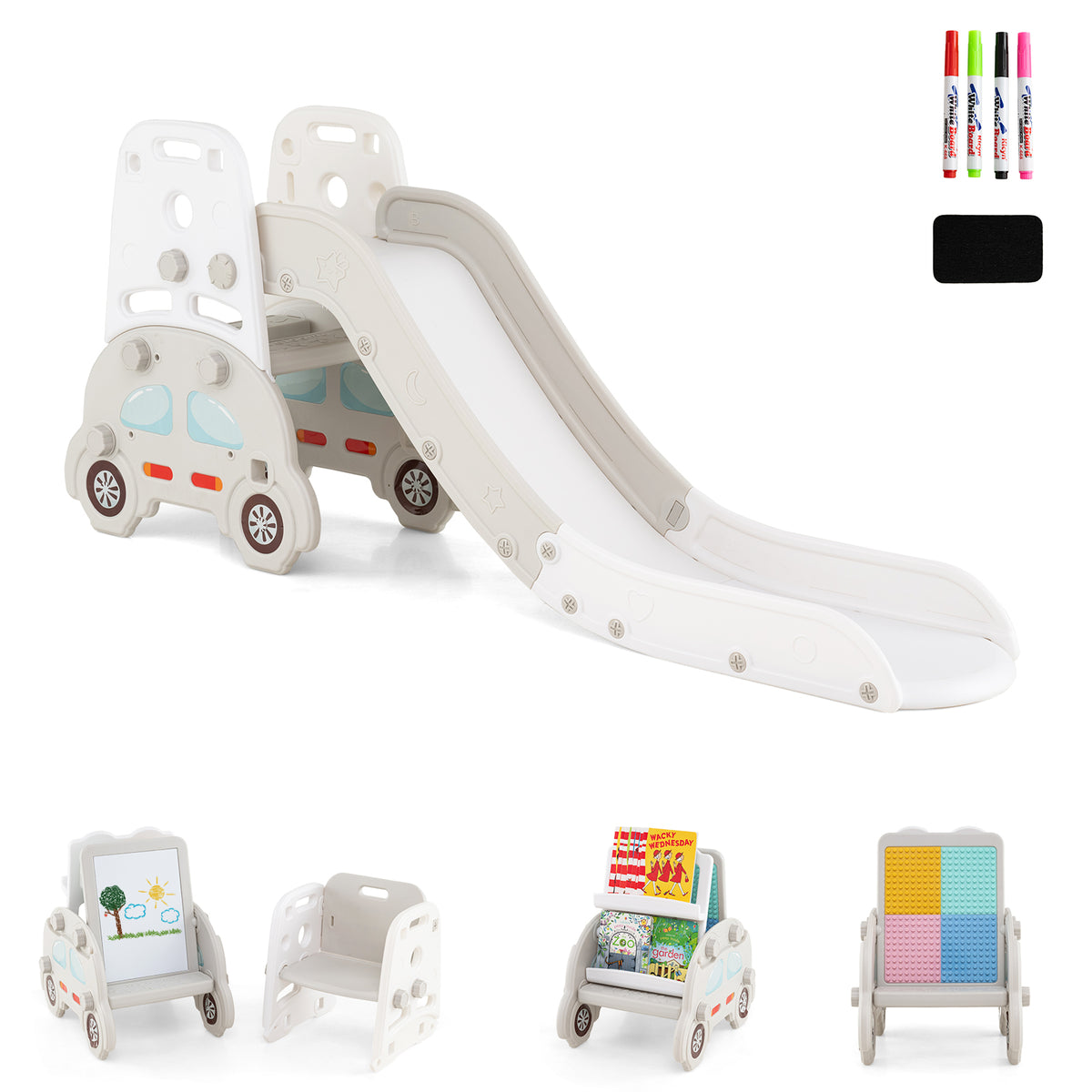 Ensemble de jeu 5-en-1 pour tout-petits avec toboggan et structure d’escalade, chevalet artistique et tabouret