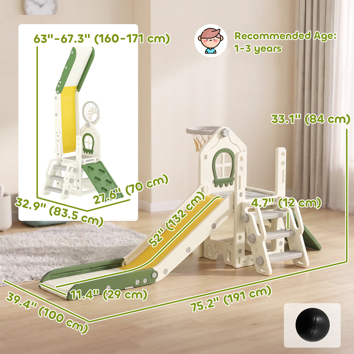 Foldable 5 in 1 Toddler Slide with Ladder, Climbing Wall, Basketball Hoop, Storage and Basketball for 1-3 Years, Cream-Toys & Games > Kids Outdoor Play > Gym Sets & Swings-DECOROLALA
