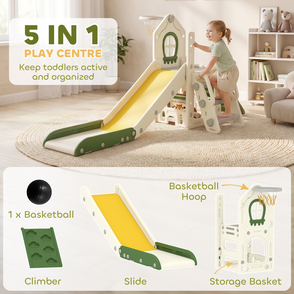 Foldable 5 in 1 Toddler Slide with Ladder, Climbing Wall, Basketball Hoop, Storage and Basketball for 1-3 Years, Cream-Toys & Games > Kids Outdoor Play > Gym Sets & Swings-DECOROLALA