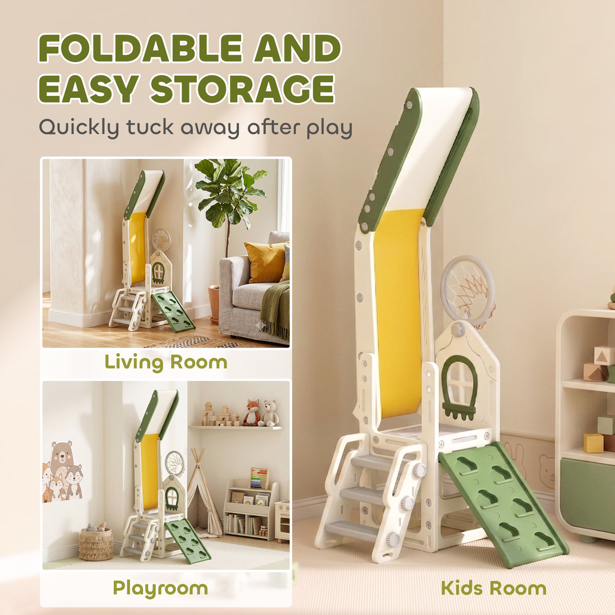 Foldable 5 in 1 Toddler Slide with Ladder, Climbing Wall, Basketball Hoop, Storage and Basketball for 1-3 Years, Cream-Toys & Games > Kids Outdoor Play > Gym Sets & Swings-DECOROLALA