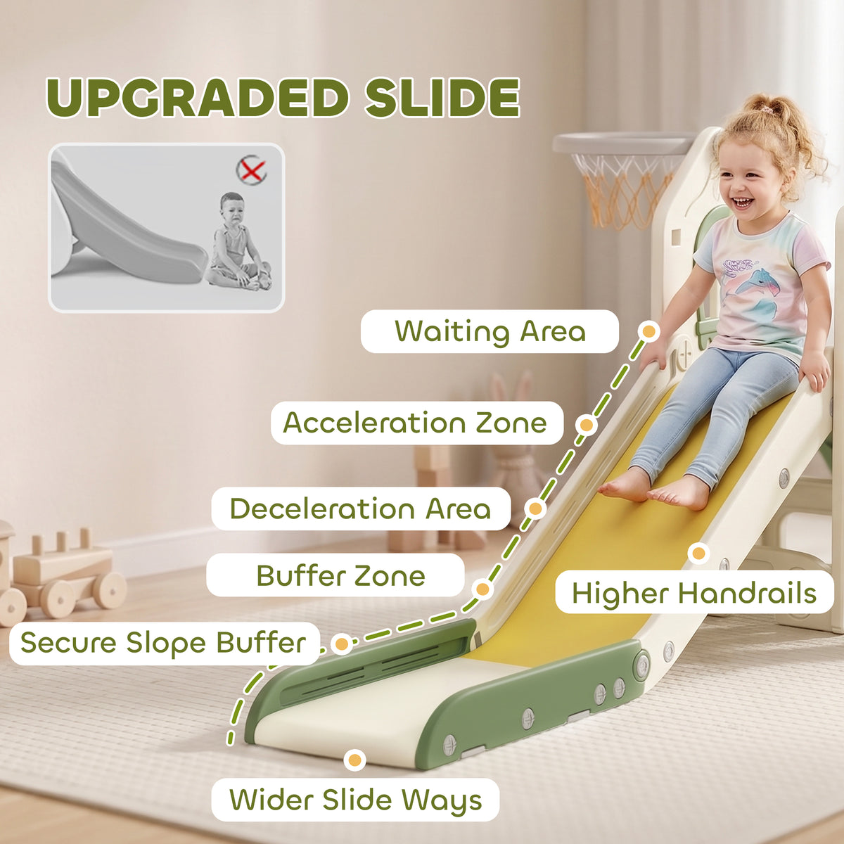 Foldable 5 in 1 Toddler Slide with Ladder, Climbing Wall, Basketball Hoop, Storage and Basketball for 1-3 Years, Cream-Toys & Games > Kids Outdoor Play > Gym Sets & Swings-DECOROLALA