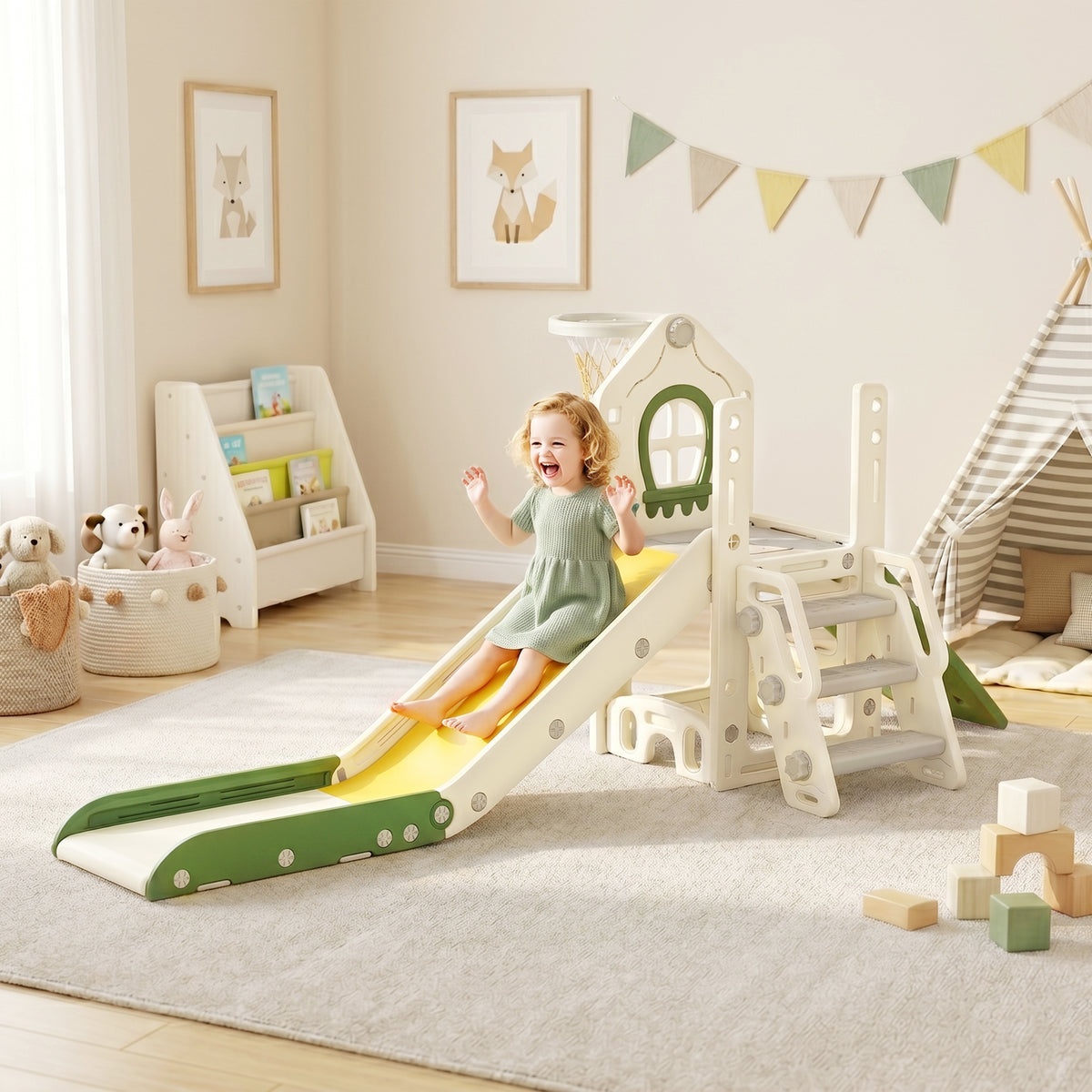 Foldable 5 in 1 Toddler Slide with Ladder, Climbing Wall, Basketball Hoop, Storage and Basketball for 1-3 Years, Cream-Toys & Games > Kids Outdoor Play > Gym Sets & Swings-DECOROLALA