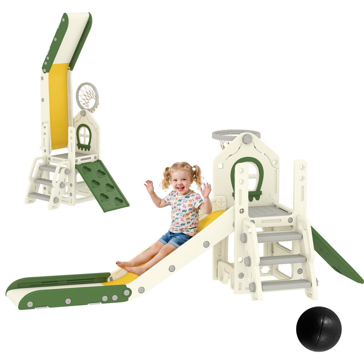 Foldable 5 in 1 Toddler Slide with Ladder, Climbing Wall, Basketball Hoop, Storage and Basketball for 1-3 Years, Cream-Toys & Games > Kids Outdoor Play > Gym Sets & Swings-DECOROLALA