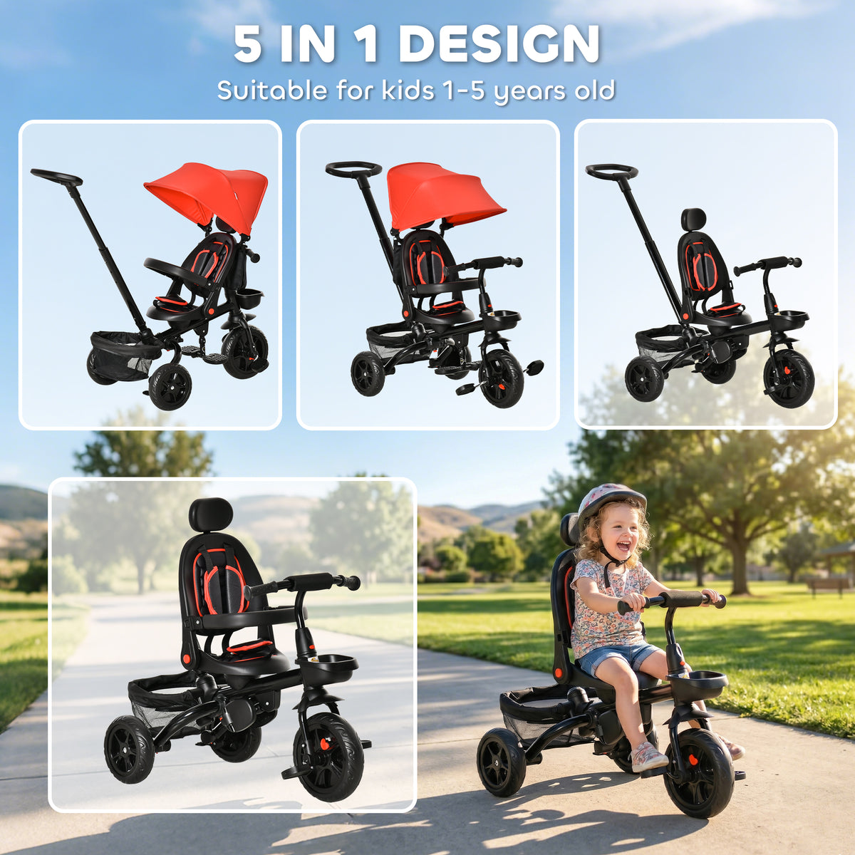 Tricycle for Toddler 5 in 1 Kids Trike, Foldable Converts Stroller to Toddler Bike, Adjustable Backrest & Curved Canopy, Detachable Guardrail & Handle for 1-5 Years Old-Toys & Games > Baby & Toddler Toys > Riding & Rocking Toys > Tricycles for Kids-DECOROLALA