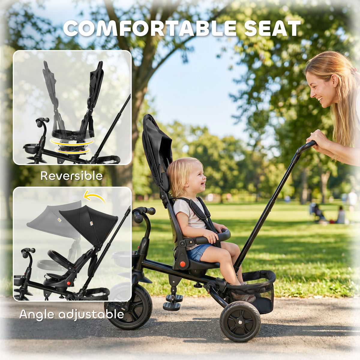 Tricycle for Toddler 5 in 1 Kids Trike, Foldable Converts Stroller to Toddler Bike, Adjustable Backrest & Curved Canopy, Detachable Guardrail & Handle for 1-5 Years Old-Toys & Games > Baby & Toddler Toys > Riding & Rocking Toys > Tricycles for Kids-DECOROLALA