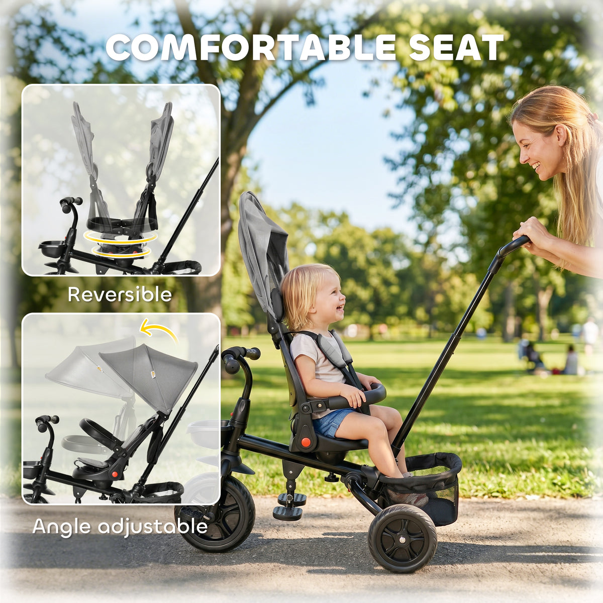 Tricycle for Toddler 5 in 1 Kids Trike, Foldable Converts Stroller to Toddler Bike, Adjustable Backrest & Curved Canopy, Detachable Guardrail & Handle for 1-5 Years Old-Toys & Games > Baby & Toddler Toys > Riding & Rocking Toys > Tricycles for Kids-DECOROLALA