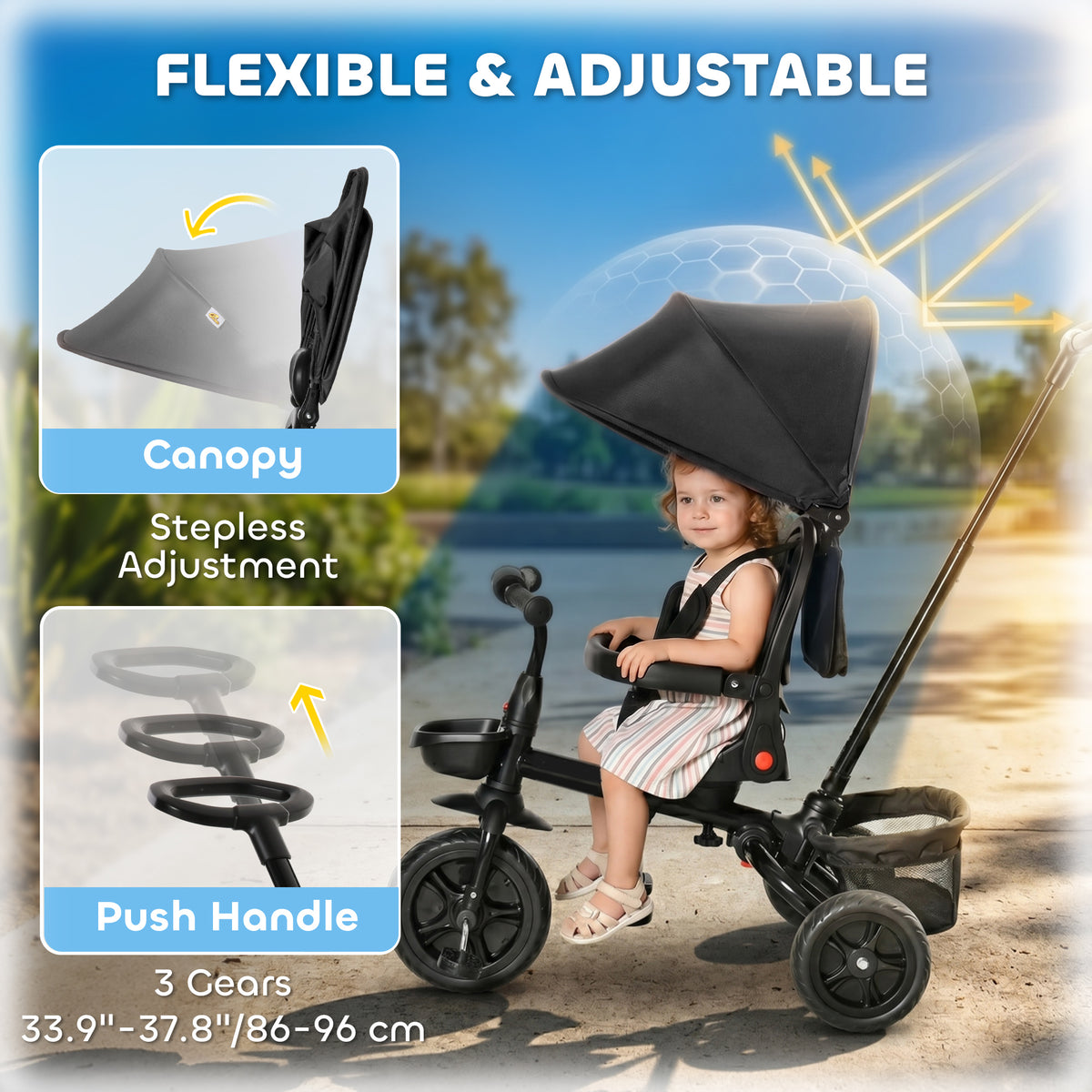 Tricycle for Toddler 5 in 1 Kids Trike, Foldable Converts Stroller to Toddler Bike, Adjustable Backrest & Curved Canopy, Detachable Guardrail & Handle for 1-5 Years Old-Toys & Games > Baby & Toddler Toys > Riding & Rocking Toys > Tricycles for Kids-DECOROLALA