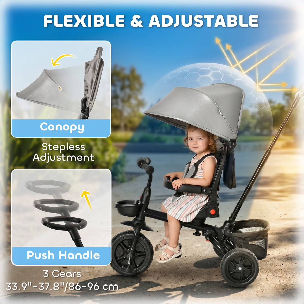 Tricycle for Toddler 5 in 1 Kids Trike, Foldable Converts Stroller to Toddler Bike, Adjustable Backrest & Curved Canopy, Detachable Guardrail & Handle for 1-5 Years Old-Toys & Games > Baby & Toddler Toys > Riding & Rocking Toys > Tricycles for Kids-DECOROLALA