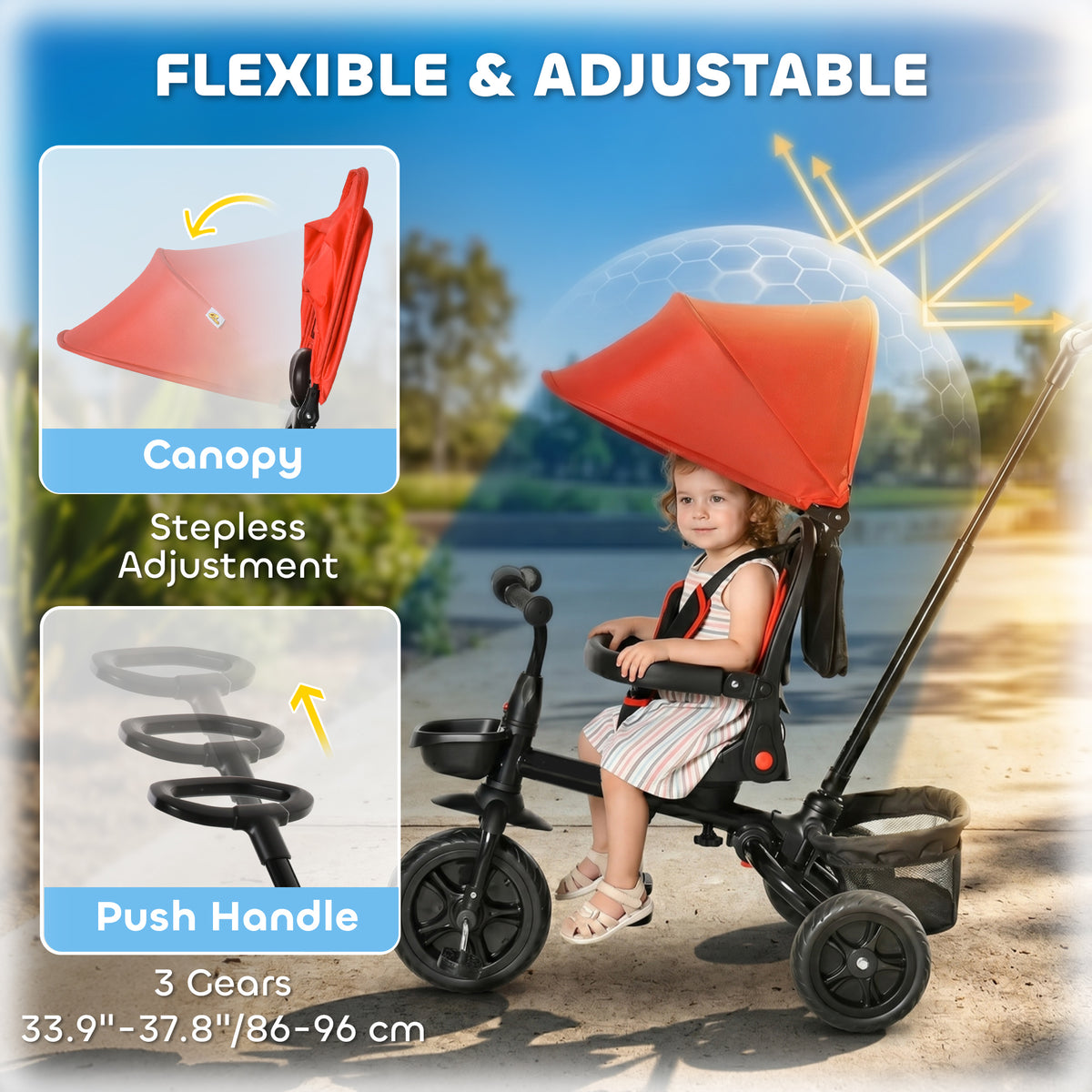 Tricycle for Toddler 5 in 1 Kids Trike, Foldable Converts Stroller to Toddler Bike, Adjustable Backrest & Curved Canopy, Detachable Guardrail & Handle for 1-5 Years Old-Toys & Games > Baby & Toddler Toys > Riding & Rocking Toys > Tricycles for Kids-DECOROLALA