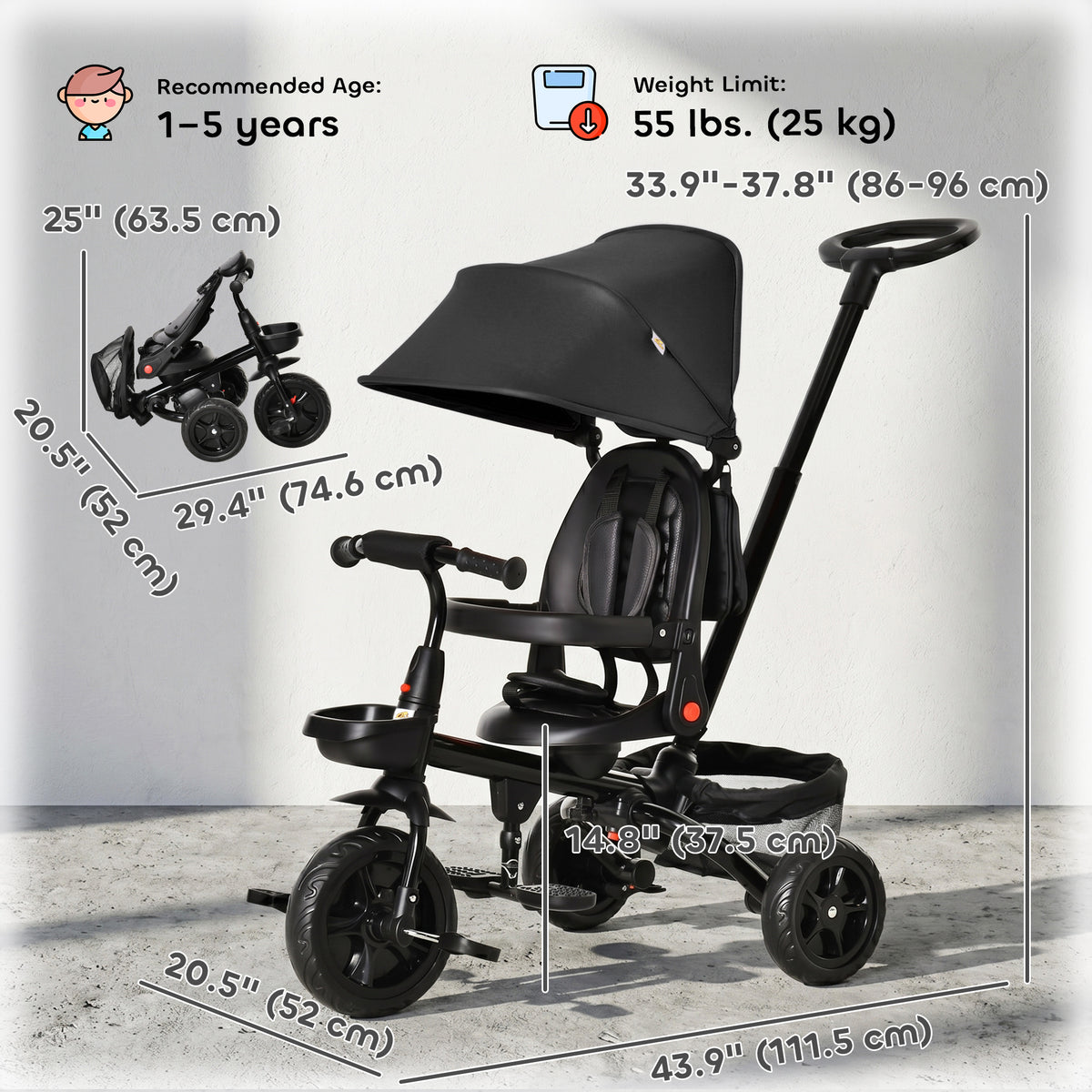 Tricycle for Toddler 5 in 1 Kids Trike, Foldable Converts Stroller to Toddler Bike, Adjustable Backrest & Curved Canopy, Detachable Guardrail & Handle for 1-5 Years Old-Toys & Games > Baby & Toddler Toys > Riding & Rocking Toys > Tricycles for Kids-DECOROLALA