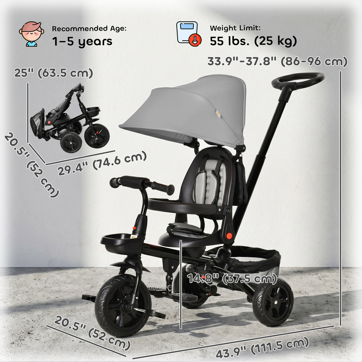 Tricycle for Toddler 5 in 1 Kids Trike, Foldable Converts Stroller to Toddler Bike, Adjustable Backrest & Curved Canopy, Detachable Guardrail & Handle for 1-5 Years Old-Toys & Games > Baby & Toddler Toys > Riding & Rocking Toys > Tricycles for Kids-DECOROLALA