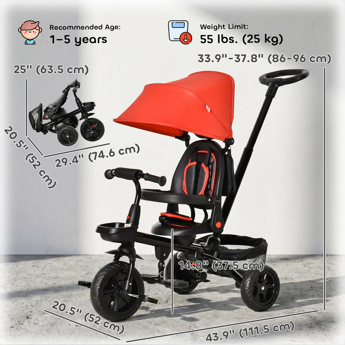 Tricycle for Toddler 5 in 1 Kids Trike, Foldable Converts Stroller to Toddler Bike, Adjustable Backrest & Curved Canopy, Detachable Guardrail & Handle for 1-5 Years Old-Toys & Games > Baby & Toddler Toys > Riding & Rocking Toys > Tricycles for Kids-DECOROLALA