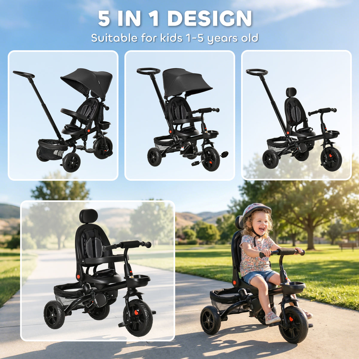 Tricycle for Toddler 5 in 1 Kids Trike, Foldable Converts Stroller to Toddler Bike, Adjustable Backrest & Curved Canopy, Detachable Guardrail & Handle for 1-5 Years Old-Toys & Games > Baby & Toddler Toys > Riding & Rocking Toys > Tricycles for Kids-DECOROLALA