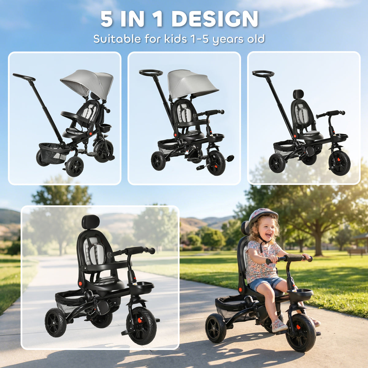 Tricycle for Toddler 5 in 1 Kids Trike, Foldable Converts Stroller to Toddler Bike, Adjustable Backrest & Curved Canopy, Detachable Guardrail & Handle for 1-5 Years Old-Toys & Games > Baby & Toddler Toys > Riding & Rocking Toys > Tricycles for Kids-DECOROLALA