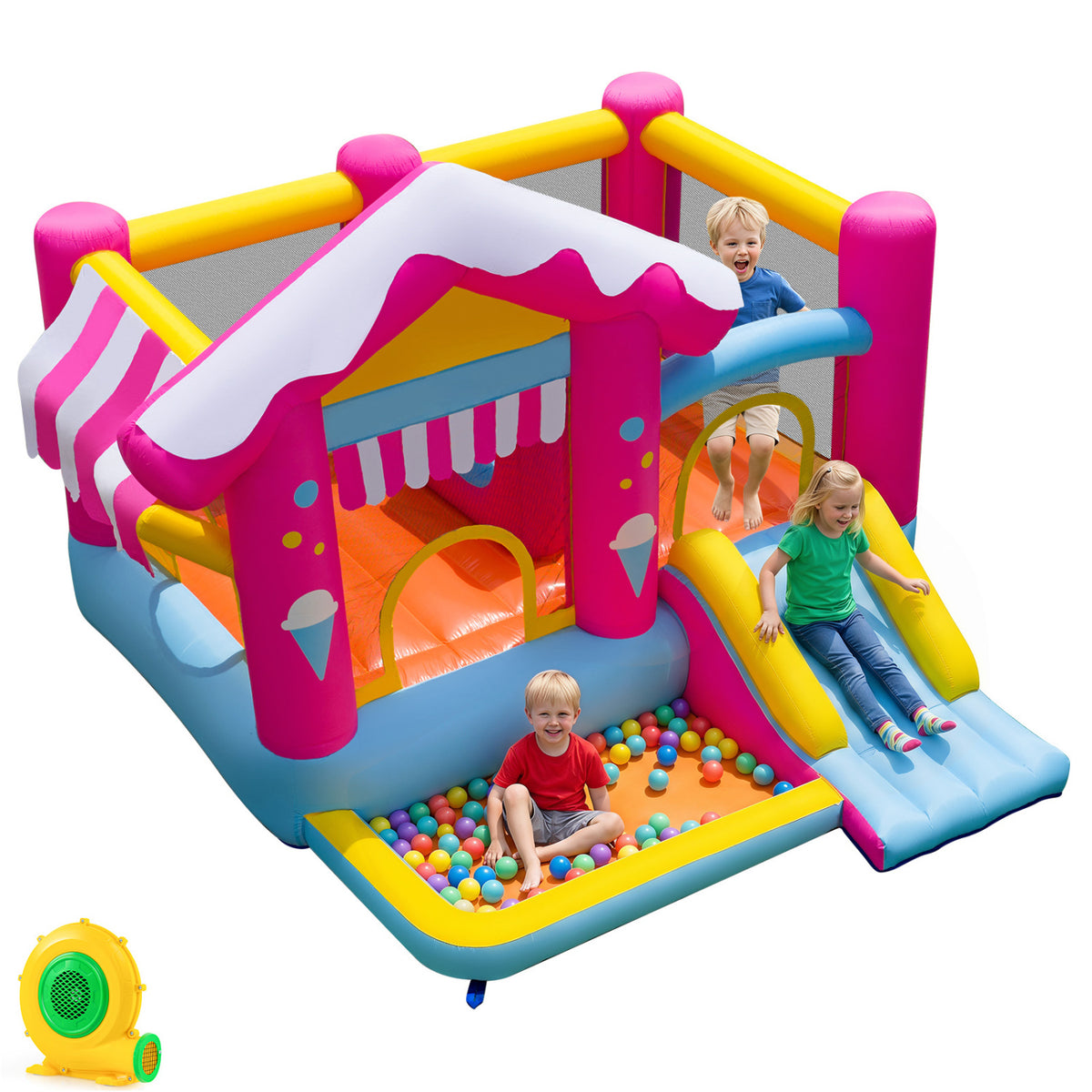 5-in-1 Inflatable Bounce House with Slide, Ball Pit, and 680W Blower-Inflatable Bounce Houses-DECOROLALA