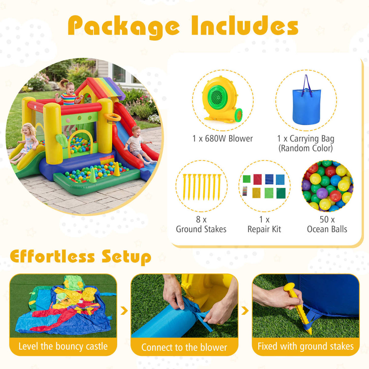 5-in-1 Inflatable Bouncy Castle with Double Slides and 735W Blower-Inflatable Bounce Houses-DECOROLALA