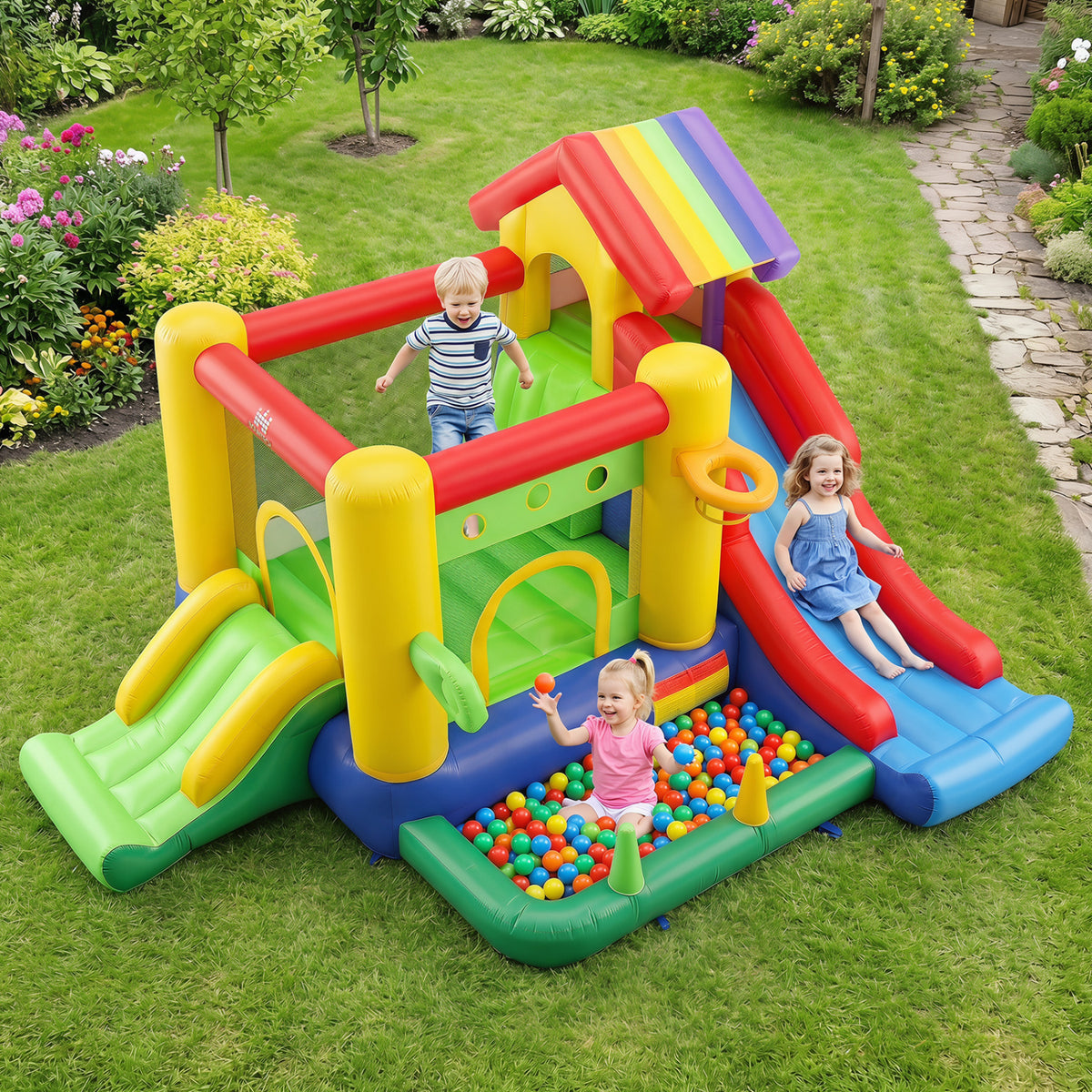 5-in-1 Inflatable Bouncy Castle with Double Slides and 735W Blower-Inflatable Bounce Houses-DECOROLALA