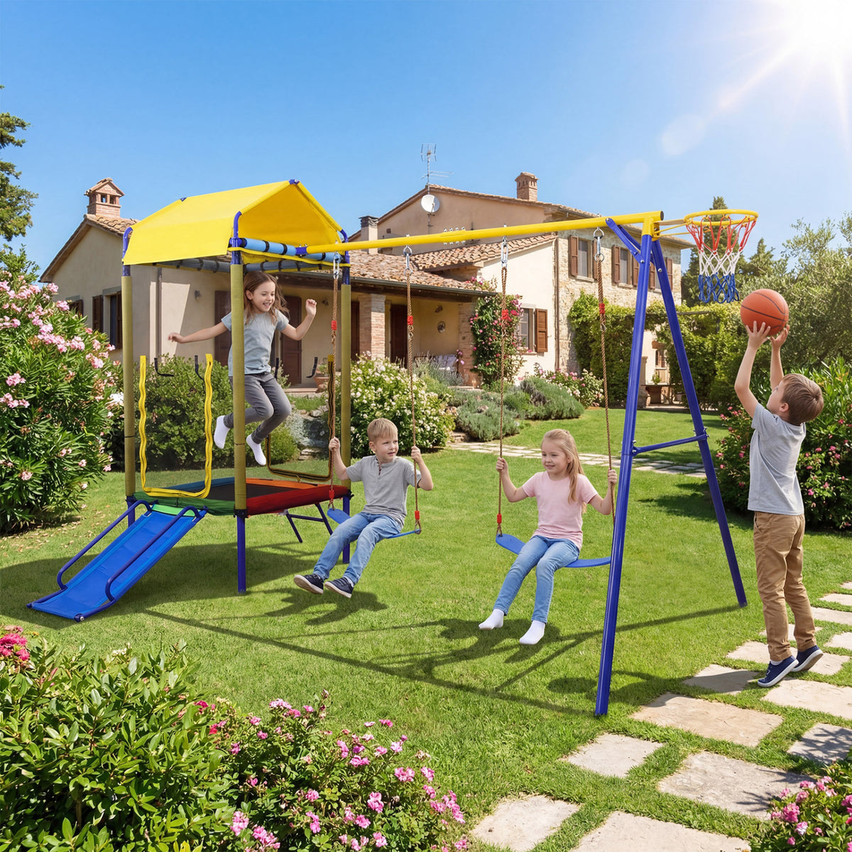 Balançoire 5-en-1 pour enfants, pour jardin, avec structure métallique robuste - jaune