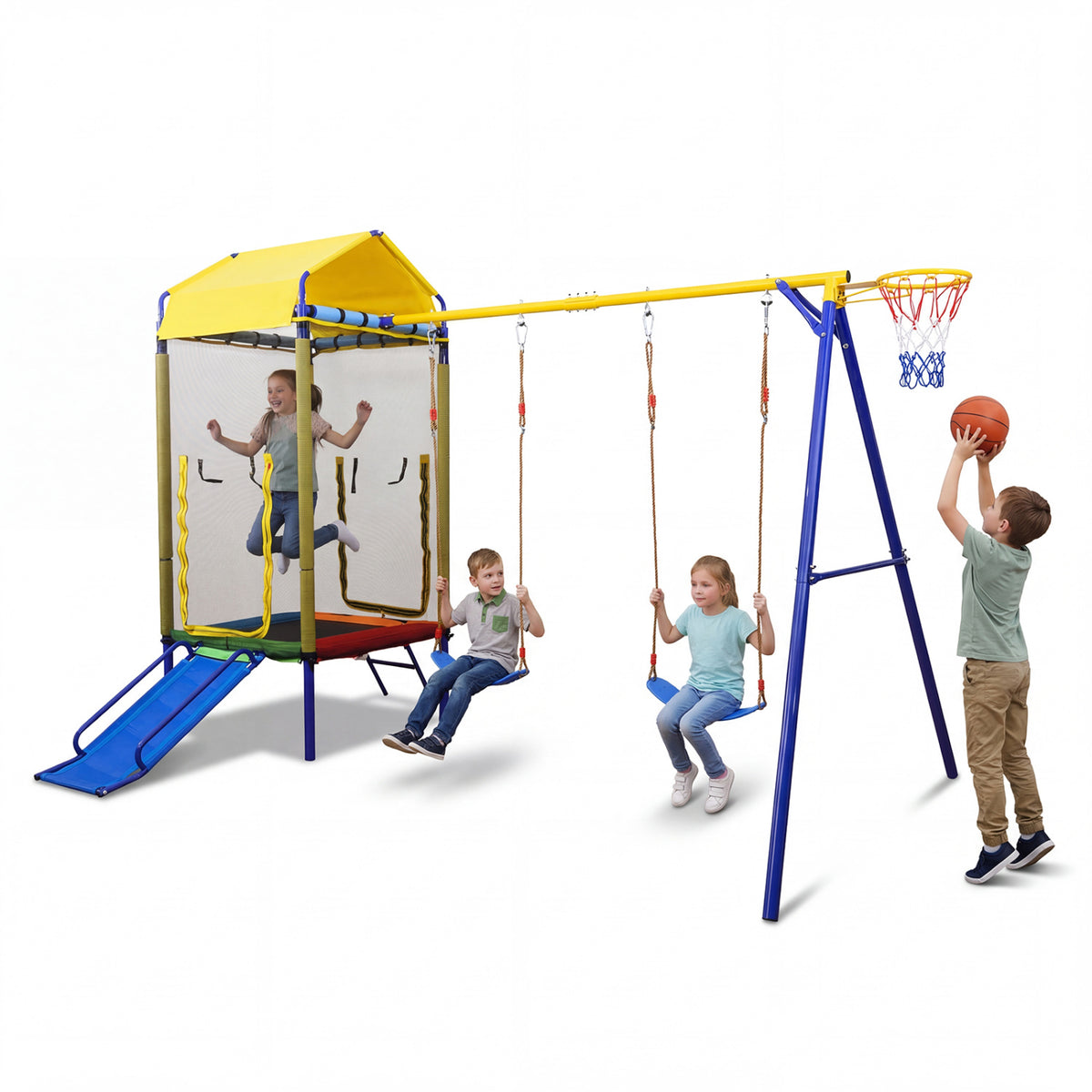 Balançoire 5-en-1 pour enfants, pour jardin, avec structure métallique robuste - jaune