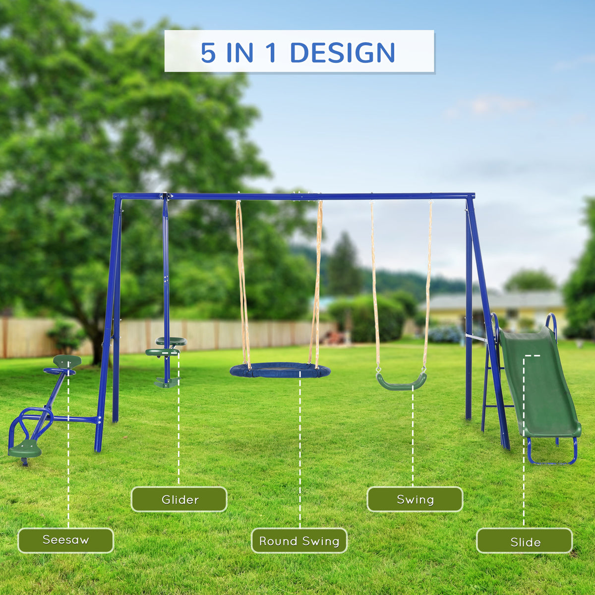 5 in1 Kids Swing Set with Saucer Swing, Slide, Seesaw, Glider, Swing Seat for Backyard, Playground-Toys & Games > Kids Outdoor Play > Gym Sets & Swings-DECOROLALA